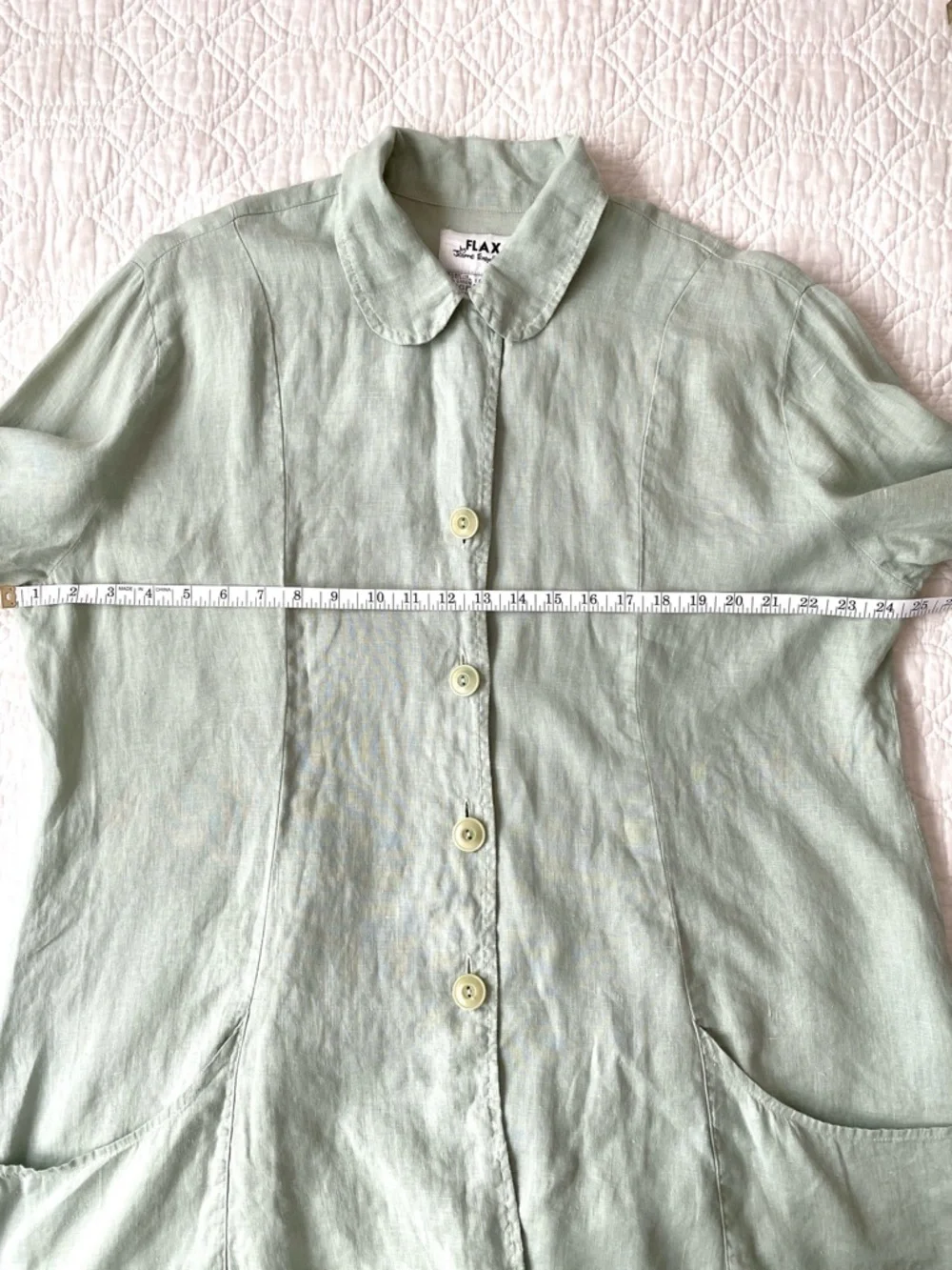 Flax 100% Sage Green Linen Button Front Tunic Shirt Top Long Sleeve Size L - Picture 7 of 16